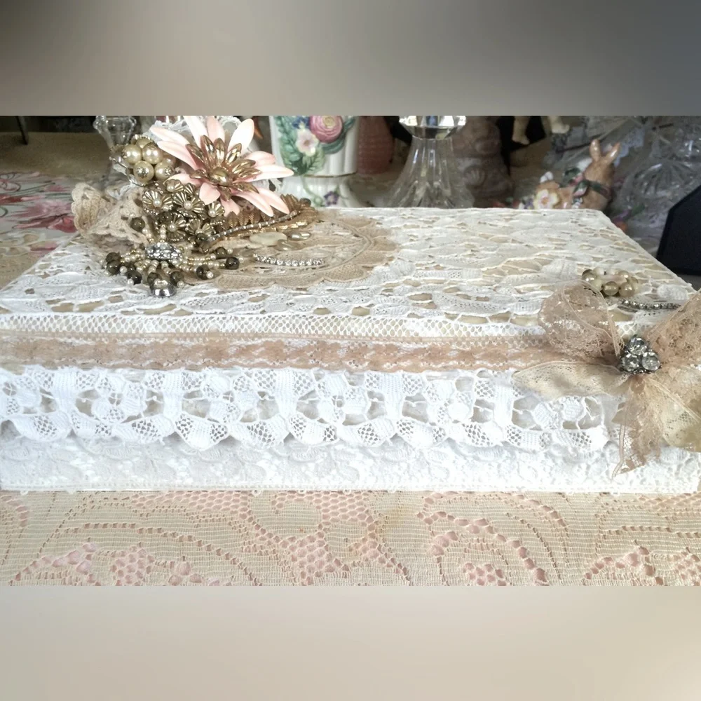 Handmade Large Jewelry Box Vintage Lace & Jewelry FLOWER BOUQUET Single Tray NWT